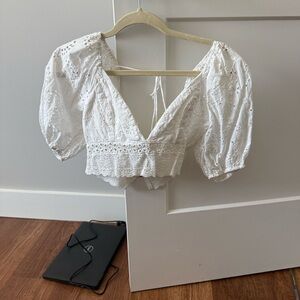 Altar'd State White Eyelet Blouse with Puff Sleeves